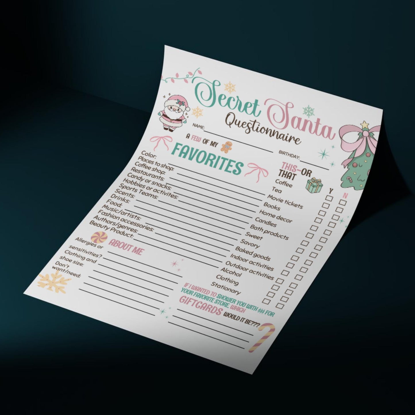 Secret Santa Questionnaire Gift Exchange Favorites Survey Co Workers Secret Santa Friends PDF 8.5x11 ready, preppy christmas