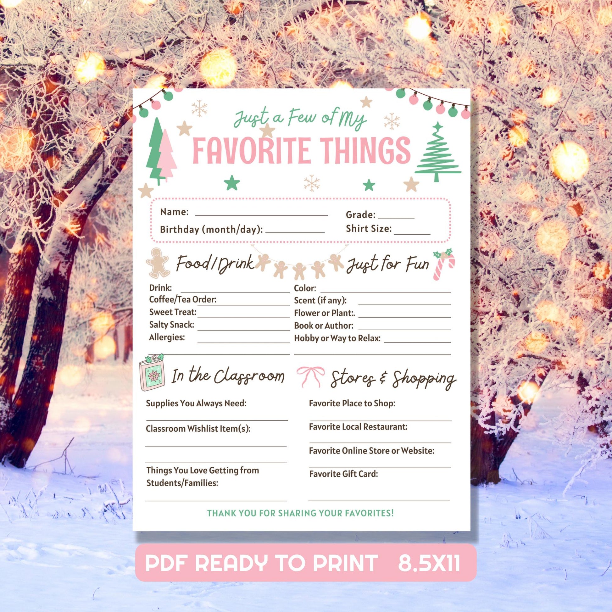Christmas Teacher Favorite Things List, PDF ready to print, Gift Questionnaire preppy Christmas