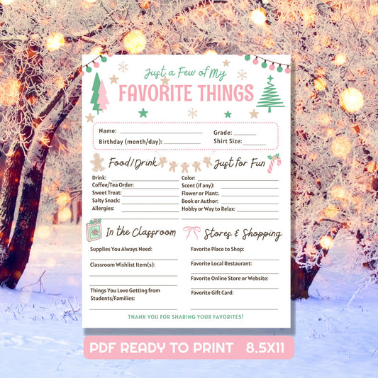 Christmas Teacher Favorite Things List, PDF ready to print, Gift Questionnaire preppy Christmas