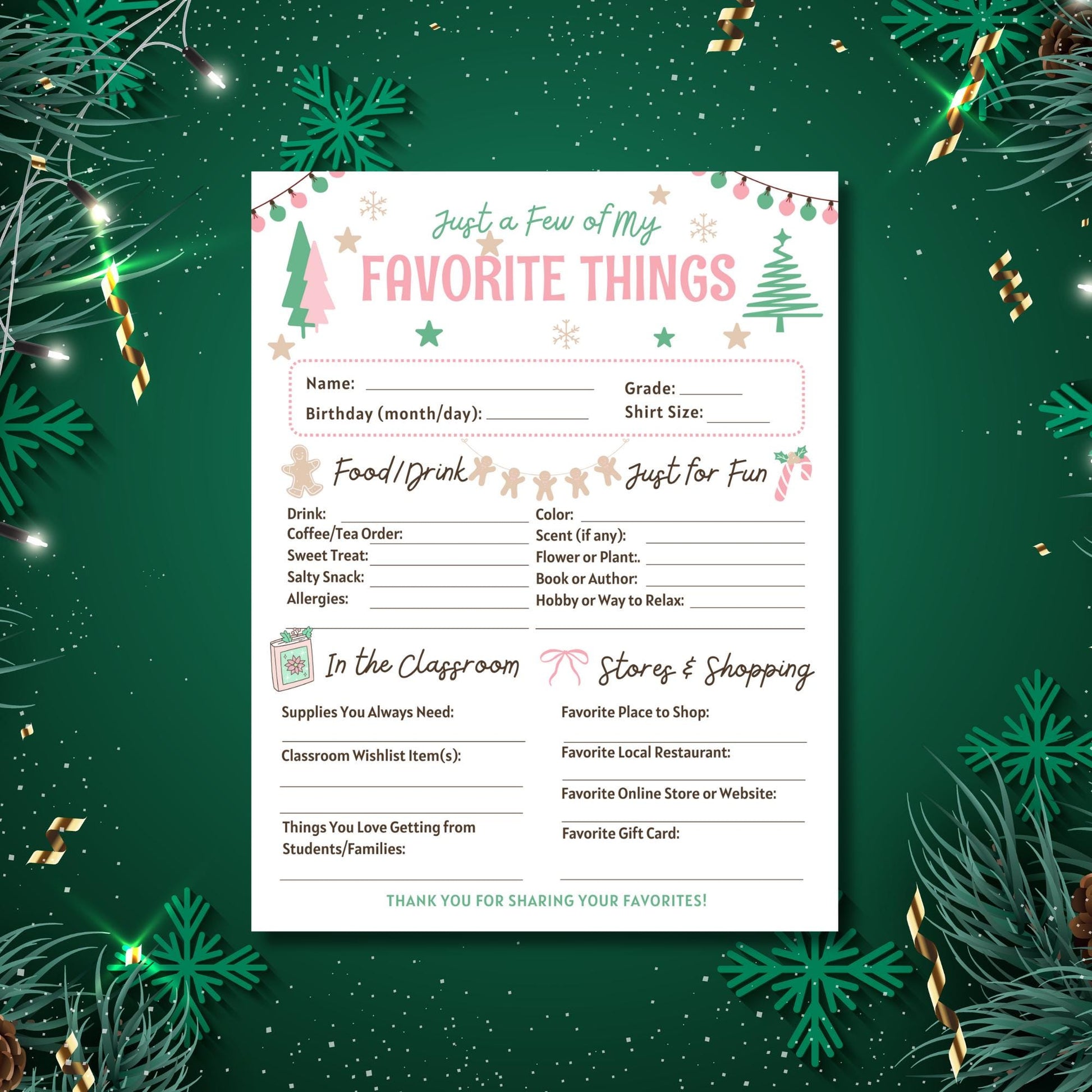 Christmas Teacher Favorite Things List, PDF ready to print, Gift Questionnaire preppy Christmas