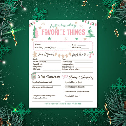 Christmas Teacher Favorite Things List, PDF ready to print, Gift Questionnaire preppy Christmas