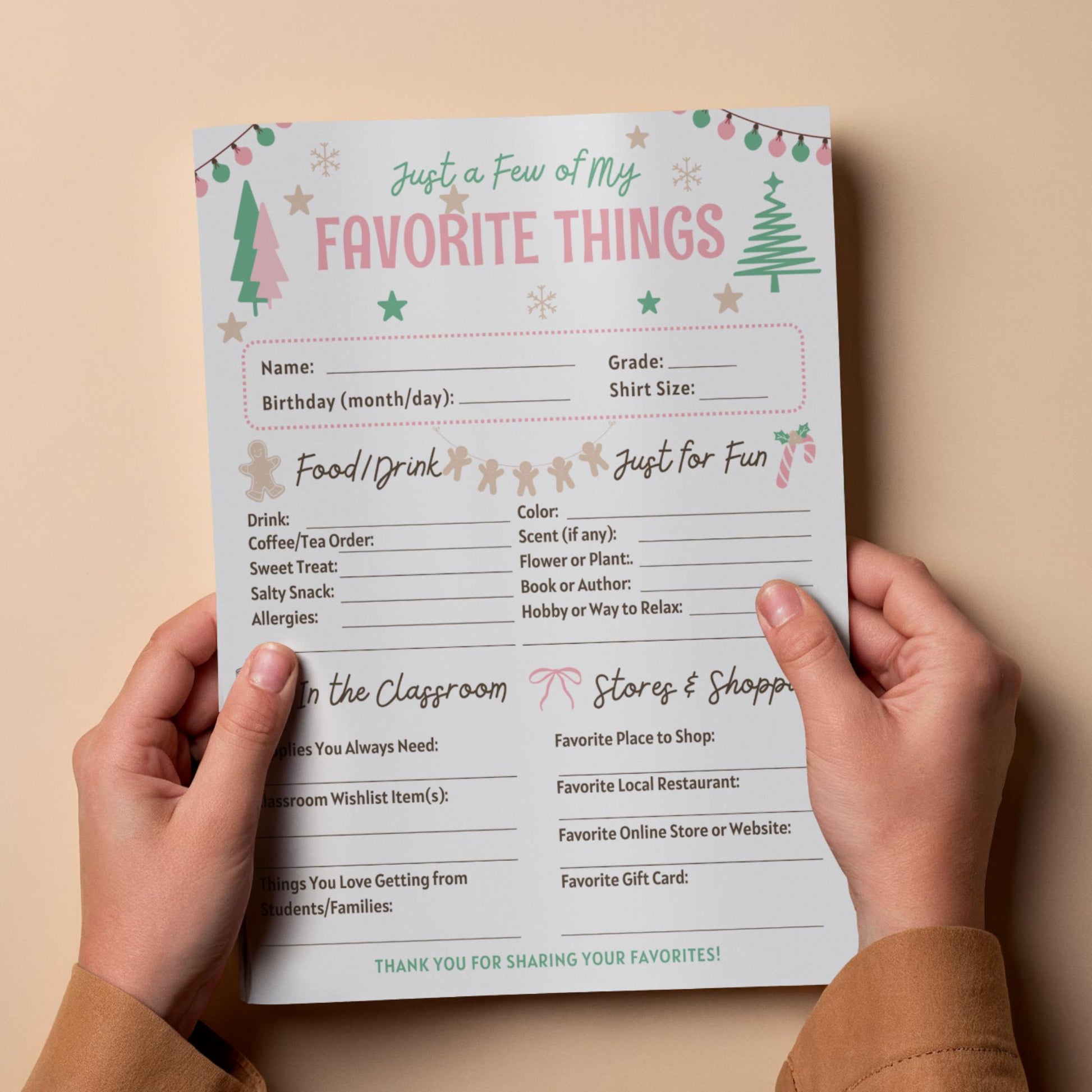 Christmas Teacher Favorite Things List, PDF ready to print, Gift Questionnaire preppy Christmas