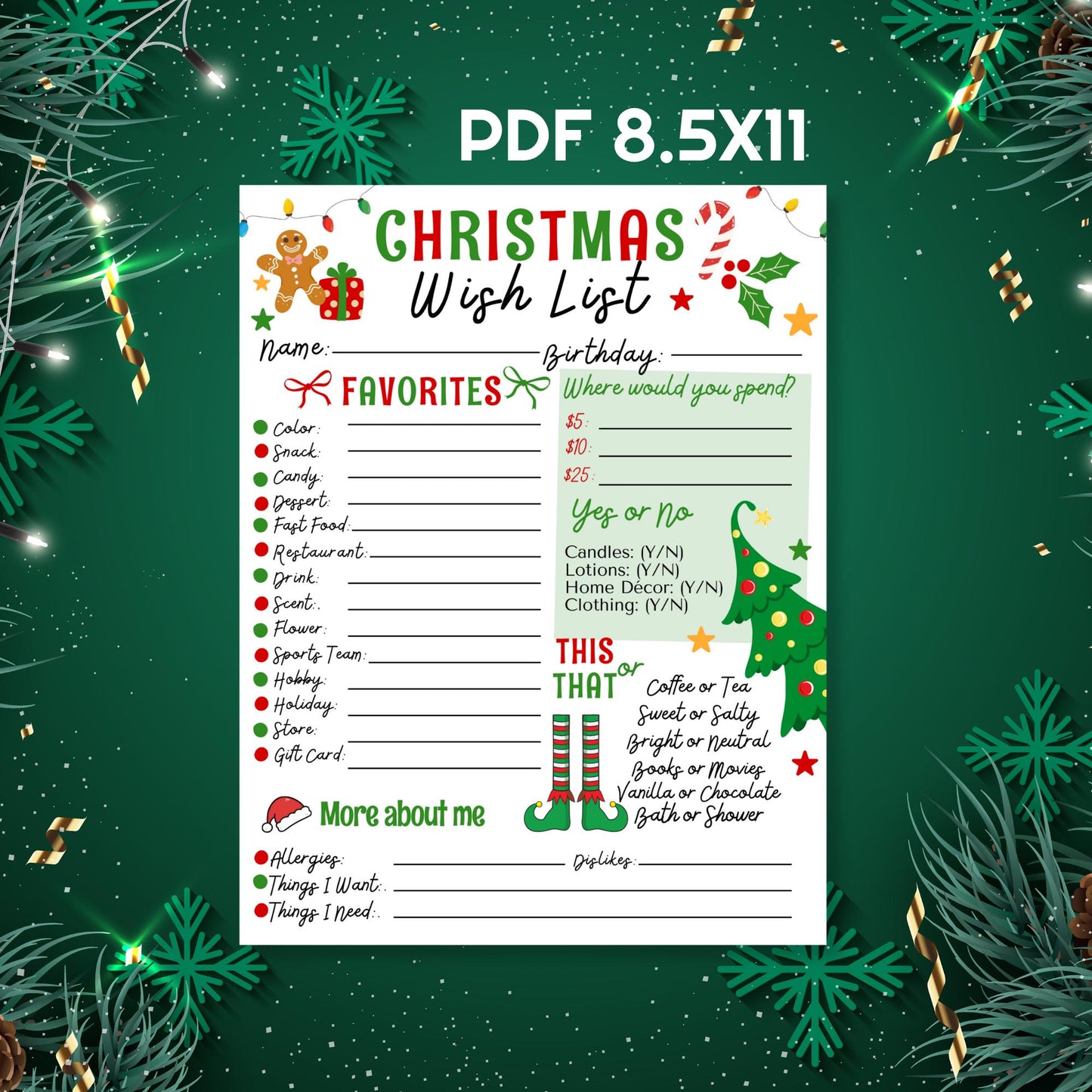 Christmas Wish List Printable, Coworker Secret Santa Survey, Adult Christmas List, Appreciation Holiday Wishlist, PDF 8.5x11 ready
