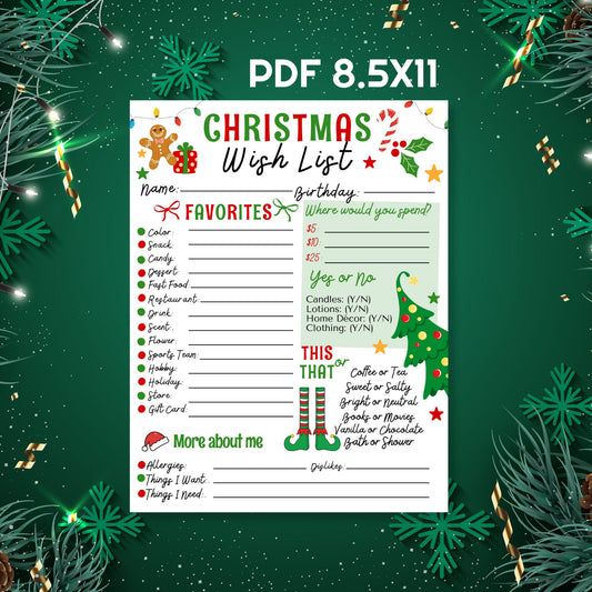 Christmas Wish List Printable, Coworker Secret Santa Survey, Adult Christmas List, Appreciation Holiday Wishlist, PDF 8.5x11 ready
