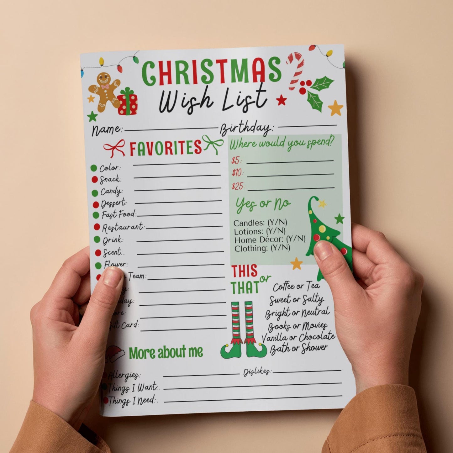 Christmas Wish List Printable, Coworker Secret Santa Survey, Adult Christmas List, Appreciation Holiday Wishlist, PDF 8.5x11 ready