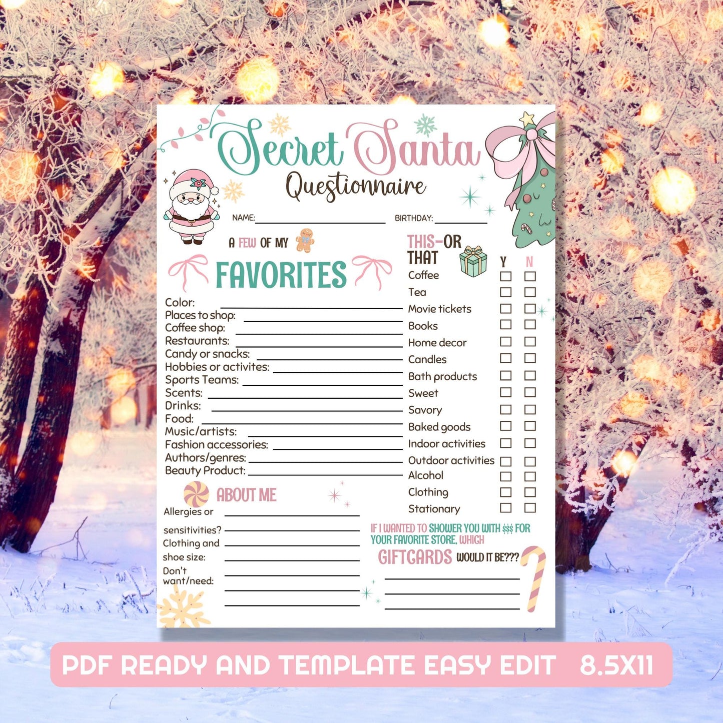 Secret Santa Questionnaire Gift Exchange Favorites Survey Co Workers Secret Santa Friends PDF 8.5x11 ready, preppy christmas
