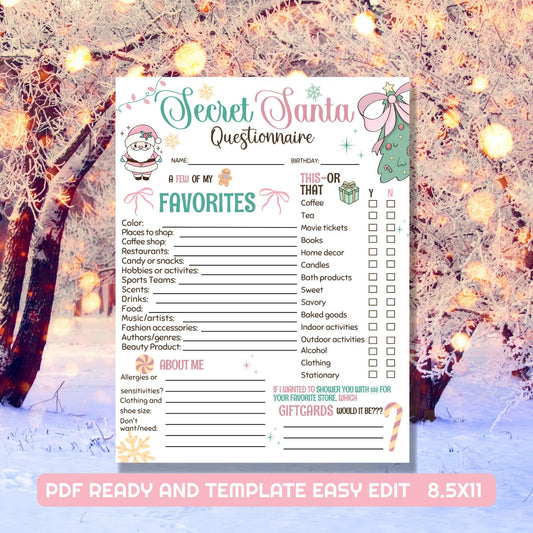 Secret Santa Questionnaire Gift Exchange Favorites Survey Co Workers Secret Santa Friends PDF 8.5x11 ready, preppy christmas