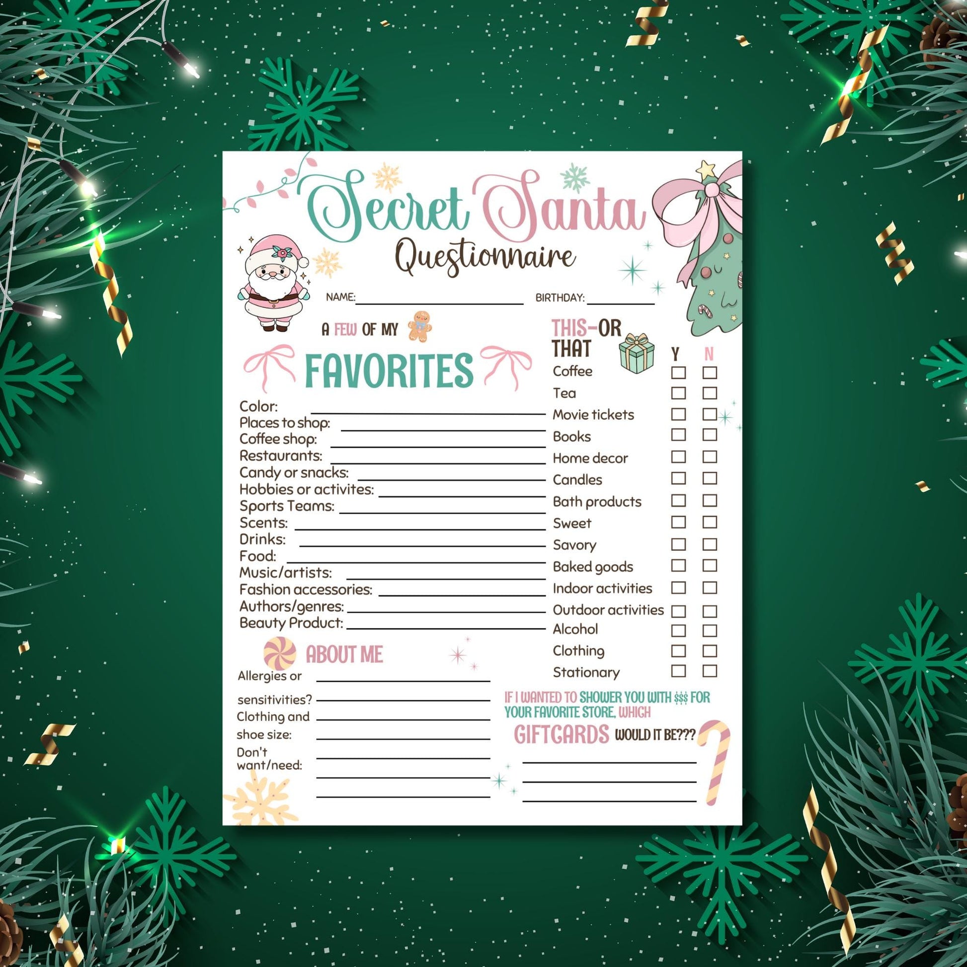 Secret Santa Questionnaire Gift Exchange Favorites Survey Co Workers Secret Santa Friends PDF 8.5x11 ready, preppy christmas