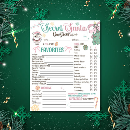 Secret Santa Questionnaire Gift Exchange Favorites Survey Co Workers Secret Santa Friends PDF 8.5x11 ready, preppy christmas