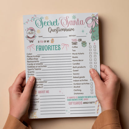 Secret Santa Questionnaire Gift Exchange Favorites Survey Co Workers Secret Santa Friends PDF 8.5x11 ready, preppy christmas