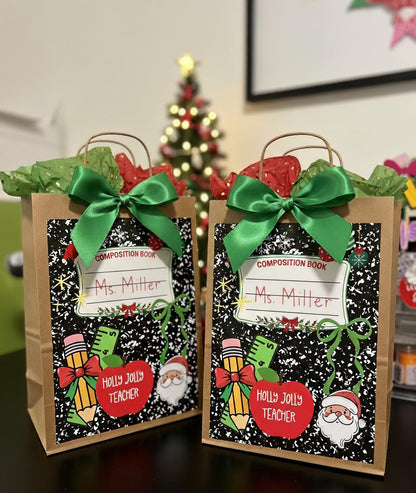 teacher Christmas gift, personalized christmas gift bag, printable gift tag