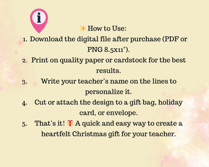 teacher Christmas gift, personalized christmas gift bag, printable gift tag